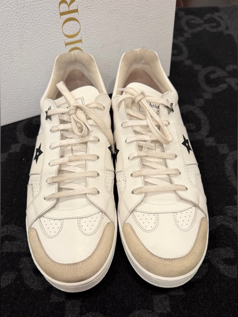Dior Women's White Sneakers with Beige Suede Toe and Black Star